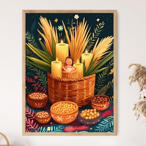 May include: A woven basket filled with yellow corn kernels, surrounded by candles and a small doll. The basket is decorated with green leaves and flowers.