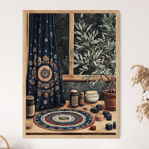 Pakistanischer Ajrak-Schal-Kunstdruck, Kreismuster-Stoffposter, traditionelles Textildekor