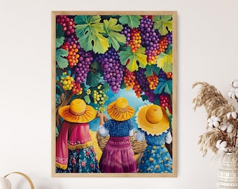 メキシコのコーヒー農園の日の出のアート、さくらんぼを摘む農民の絵画
