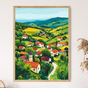 May include: A colorful painting of a village nestled in a valley with rolling green hills and a blue sky. The houses are painted in shades of red, yellow, and white, and there are trees and flowers scattered throughout the scene.