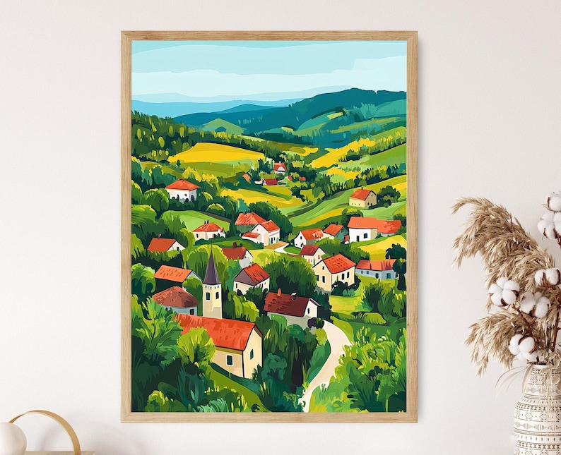 May include: A colorful painting of a village nestled in a valley with rolling green hills and a blue sky. The houses are painted in shades of red, yellow, and white, and there are trees and flowers scattered throughout the scene.