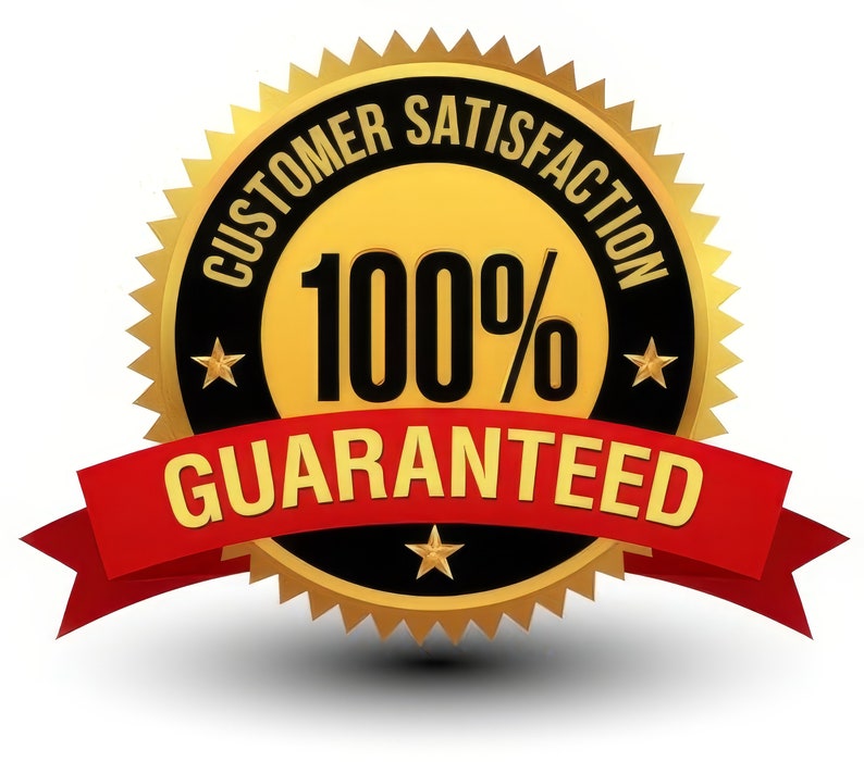 K&ouml;nnte beinhalten: Ein gold-schwarzes Kundenzufriedenheitssiegel mit dem Text "CUSTOMER SATISFACTION" und "100% GARANTIERT". Das Siegel hat ein rotes Band mit goldenem Text und goldenen Sternakzenten.