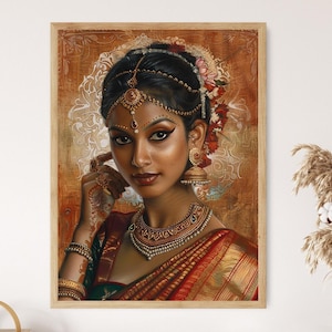 Bharatanatyam-danseres gicleeportret, traditionele Indiase danskunst, interieurdecoratie, cadeau