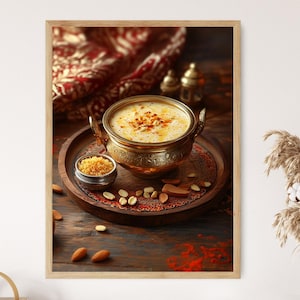 May include: A framed image of a golden bowl filled with a creamy, beige dish, garnished with orange sprinkles. The bowl sits on a wooden tray with a small silver bowl of grains and scattered almonds. The background features a patterned red cloth.
