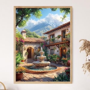 Peut inclure: Une impression encadrée d'une scène de cour pittoresque. L'œuvre représente une fontaine, une végétation luxuriante et un bâtiment à deux étages avec un toit en tuiles rouges. Une chaîne de montagnes est visible en arrière-plan sous un ciel bleu clair. La scène est riche en couleurs.