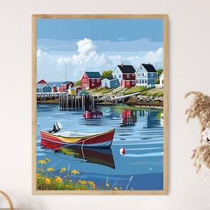 May include: A framed print depicting a coastal village with a red and yellow boat on the water. The scene includes colourful houses with red and blue roofs, a pier, and a bright blue sky with white clouds. Yellow flowers are in the foreground.