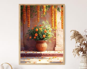Tulsi Plant Art Print: Indian Courtyard Illustration with Marigold Garlands