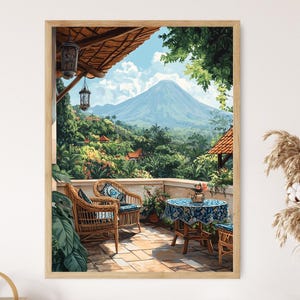 May include: A painting depicting a tropical scene with a view of a volcano from a balcony featuring wicker chairs and a table with a blue tablecloth.