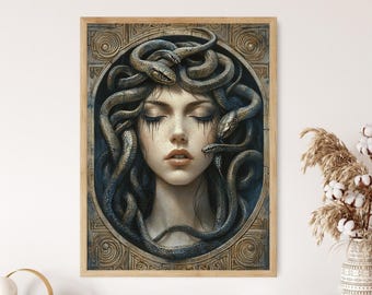 May include: A woman's face is surrounded by a mass of snakes, with her eyes closed and a serene expression. The snakes are a dark green and black color, and they are intertwined around her head and neck. The background is a gold and brown color, with intricate patterns.
