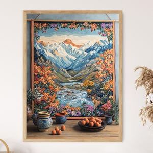 Hunza Valley Tapisserie Fine Print, Berg und Fluss Motiv Dekor Poster
