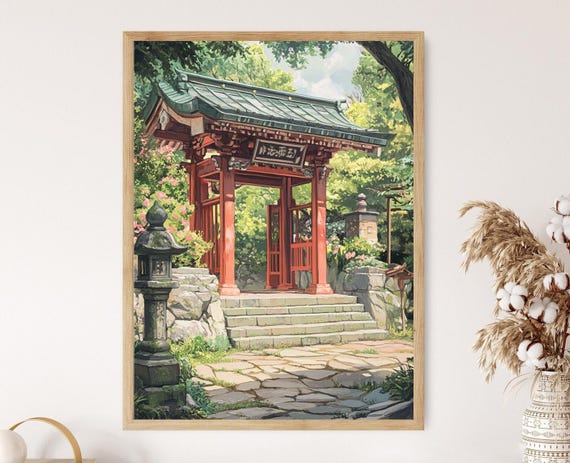 Tranquil Japanese Shrine Gate with Garden, Serene Landscape Art Print