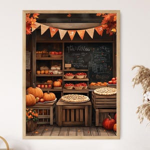 Op de afbeelding: Een ingelijste illustratie van een herfstmarktstal. Pompoenen, appels en taarten worden tentoongesteld op houten kisten en planken. Een schoolbord met handgeschreven tekst staat op de achtergrond en een oranje wimpelbanner hangt erboven.