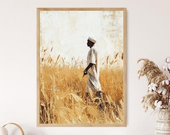 May include: A man in a white robe and a white hat walks through a field of tall, golden wheat. The sun shines brightly, casting long shadows.