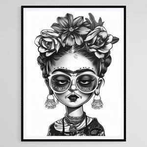 Dibujo animado de Frida Kahlo en blanco y negro, divertido póster con estampado floral