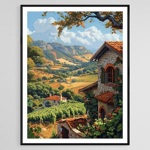 Impresión de arte de viñedos de Barossa Valley - Edificios históricos de piedra y colinas onduladas
