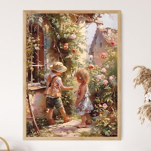 Little Boy and Girl Playing in Sunlit Garden – Endearing Maud Humphrey Inspired Art
