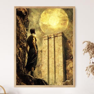 Peut inclure: Un homme vêtu d'une robe sombre se tient sur une falaise rocheuse, regardant un grand bâtiment doré avec un soleil brillant au-dessus.