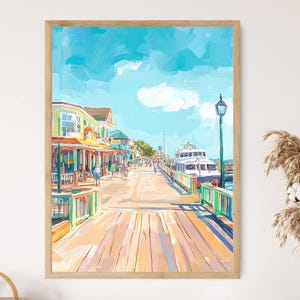 Vibrant Ocean City Boardwalk Art Print, Colorful Coastal Illustration Decor
