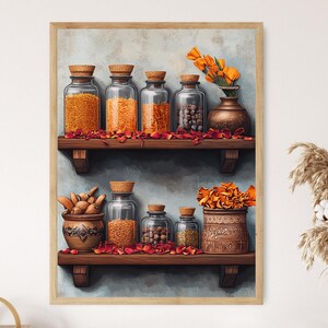 May include: A framed print featuring two wooden shelves filled with glass jars and decorative elements. The jars contain various spices and ingredients, with cork stoppers. Orange flowers and petals add color to the composition.
