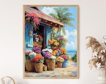Haitian Flower Shop Art Print, Vibrant Blossoms and Caribbean Scene