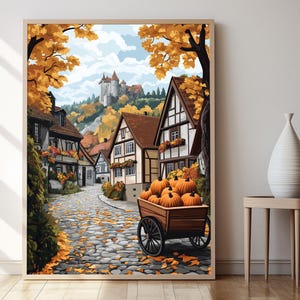 Rustykalna bawarska ilustracja wsi, jesienny wydruk artystyczny domów szkieletowych