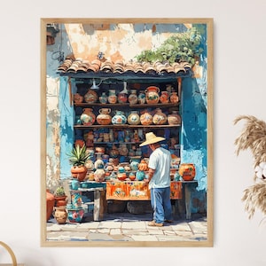 Peut inclure: Un étalage coloré de poteries dans une boutique avec une personne qui parcourt la sélection. La boutique est peinte en bleu vif et possède un auvent en bois. La poterie est disposée sur des étagères et comprend une variété de formes, de tailles et de couleurs.