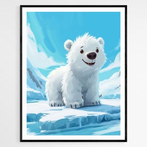 May include: A framed art print featuring a cartoon polar bear cub. The bear is white with a friendly expression, set against a backdrop of blue sky, ice, and snow-covered mountains. The artwork has a whimsical, illustrative style.