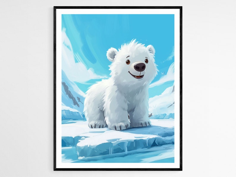 May include: A framed art print featuring a cartoon polar bear cub. The bear is white with a friendly expression, set against a backdrop of blue sky, ice, and snow-covered mountains. The artwork has a whimsical, illustrative style.