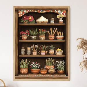 May include: A wooden shelf unit filled with various potted plants, utensils, and decorative items. The shelf is painted with a warm, earthy color palette, featuring red, orange, and brown tones. The items are arranged on multiple shelves, creating a visually appealing display.
