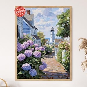 Nantucket Massachusetts Art Print, Lighthouse and Hydrangeas