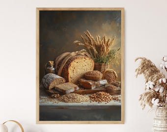 May include: A framed print depicting a still life of bread and grains. A large loaf of sliced bread is the focal point, with wheat stalks, bowls of grains, and a basket of wheat. The color palette is warm, with browns and tans.