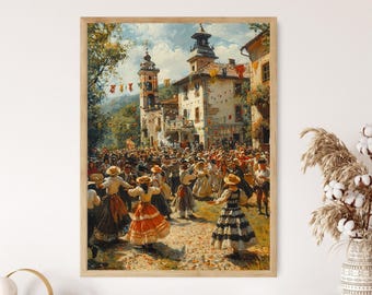 Pintura del Festival Folclórico de Łowicz, impresión artística tradicional polaca, escena con decoraciones coloridas