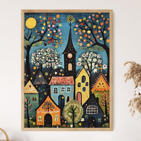 German Storybook Village Art Print, Rustic Naive Folk Art, Whimsical Landscape Decor