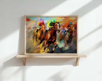 Elegante impresión de carreras de caballos, obra de arte artesanal, ideal para exhibir en la sala de estar, regalo para entusiastas de la equitación.