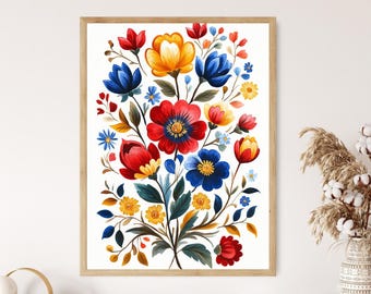 Hungarian Kalocsa Floral Ornament Art Print, Traditional Folk Decor Poster