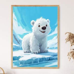 May include: A framed illustration of a smiling polar bear cub. The bear has white fur, a black nose, and brown eyes. The background features a blue sky and icy landscape. The artwork is in a wooden frame.