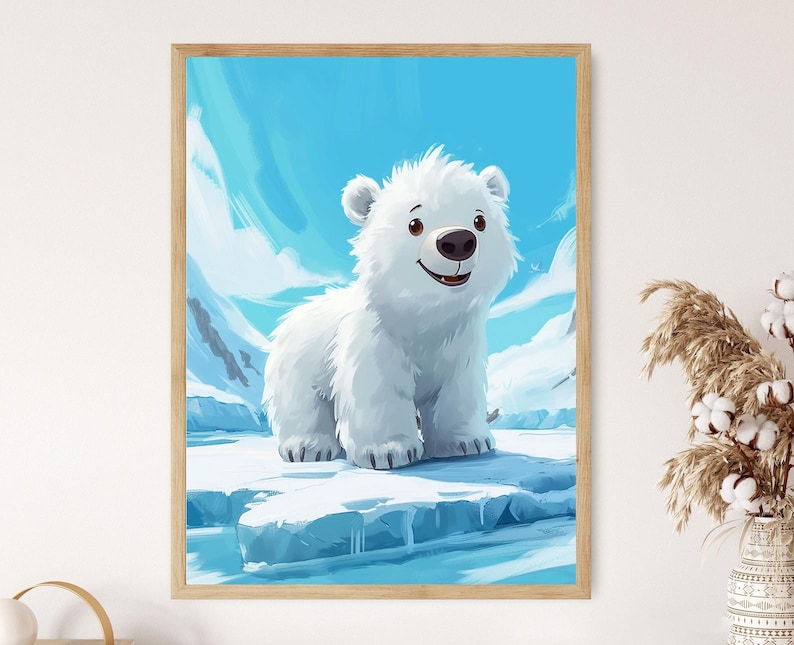 May include: A framed illustration of a smiling polar bear cub. The bear has white fur, a black nose, and brown eyes. The background features a blue sky and icy landscape. The artwork is in a wooden frame.