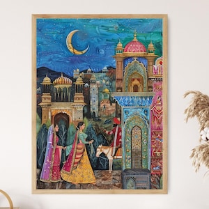 ラジャスタン風のキャンバス画、伝統的なインドのアートワーク、鮮やかな壁装飾、エスニックな新築祝いのギフト