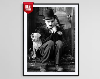 Charlie Chaplin Sitting With Dog Print: Vintage Silent Film Photography Poster