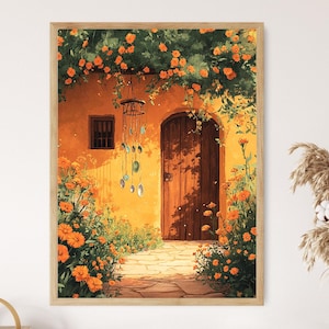 May include: A framed print of a sunlit courtyard scene. The artwork features a wooden door, a small window, and a stone pathway, all bathed in warm orange and yellow hues. Orange flowers and green foliage frame the scene, with a hanging wind chime adding a decorative touch.