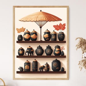 May include: A framed print featuring a collection of decorative black jars with gold accents, arranged on shelves. The artwork includes an orange parasol and autumn leaves. The jars have various designs, including floral and leaf motifs. The overall theme is a blend of Asian and autumnal aesthetics.