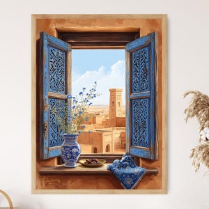 May include: A painting depicting a window with blue wooden shutters open to reveal a view of a desert town with a mosque in the distance. A blue and white vase with flowers sits on a windowsill with a bowl of dates.