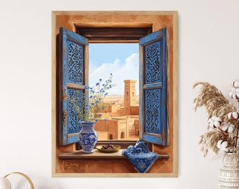 May include: A painting of a window with blue wooden shutters open to reveal a view of a desert town with a mosque in the distance. A blue and white vase with flowers sits on a windowsill with a bowl of dates.
