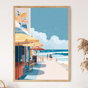 May include: A colorful illustration of a beachside cafe with striped umbrellas, tables and chairs, and a couple walking on the boardwalk. The ocean is in the background with waves crashing on the shore.