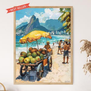 Vendedores de coco na praia de Ipanema, arte de parede vibrante, decoração de praia brasileira,