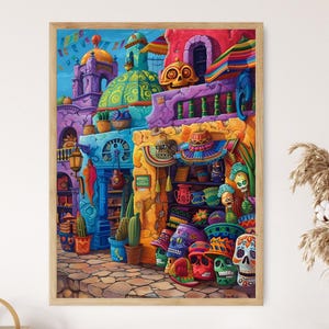 Mexican Village Art Print, Vibrant Handcrafted Wall Decor, Perfect for Home Enhancement, Unique Housewarming Gift
