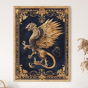 Medieval Bestiary Griffin vs Serpent, Illuminated Manuscript Art Print