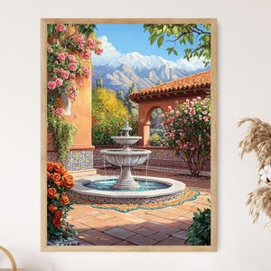 May include: A framed print of a courtyard scene with a tiered fountain. The scene features a terracotta roof, flowering plants, and a mountain backdrop under a blue sky. The fountain has water flowing into a pool with a decorative tile border.