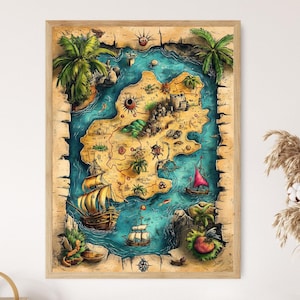 Impresión artística de mapa del tesoro pirata, ilustración de aventuras piratas para niños, decoración náutica para habitación de niños, mapa de búsqueda del tesoro, arte de pared para sala de juegos