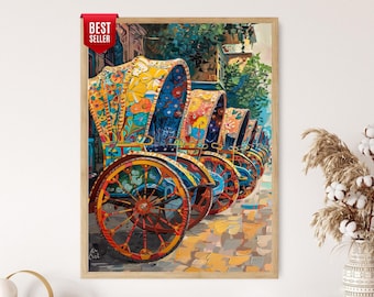 Könnte beinhalten: Ein gerahmter Druck von farbenfrohen Rikschas in einer Reihe. Die Rikscha-Taxis haben verzierte Blumenmuster in Gelb, Blau und Orange. Die Räder sind eine Mischung aus Orange, Gelb und Grün. Das Kunstwerk ist mit "Bestseller" gekennzeichnet.